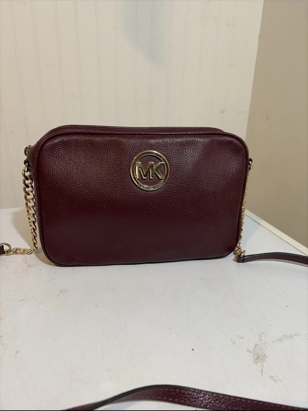 Michael Kors Maroon Pebbled Leather Crossbody with Gold MK Accent